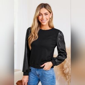 Cupshe Faux Leather Sleeve Round Neck Top
